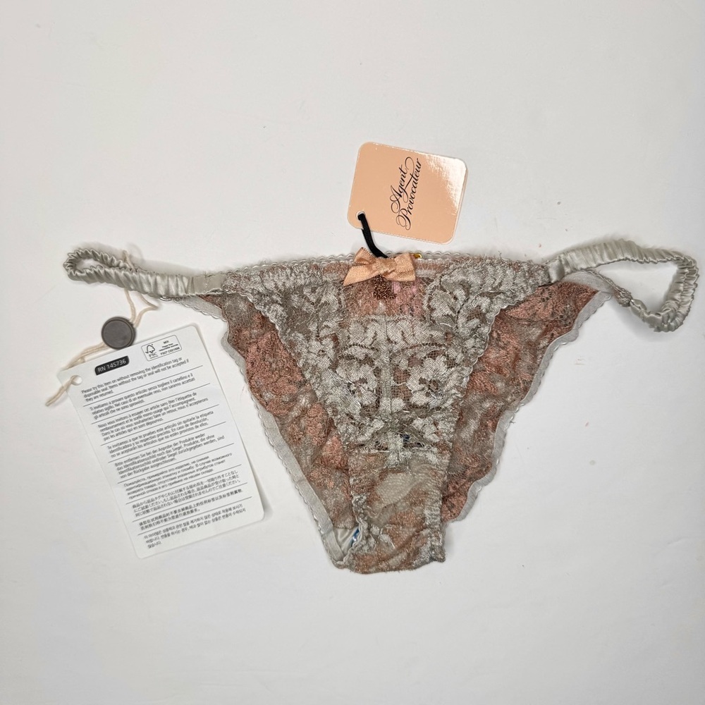 NWT AGENT PROVOCATEUR Lorelli Lace Silk Bikini Briefs Rose Gold Silver AP Size 3 - Picture 4 of 16